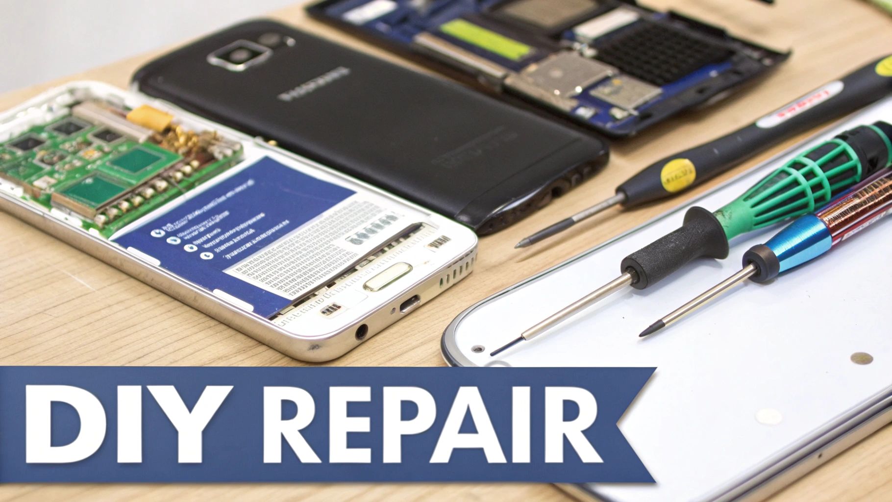 Close-up of disassembled smartphones and repair tools on a wooden table, emphasizing DIY repair.