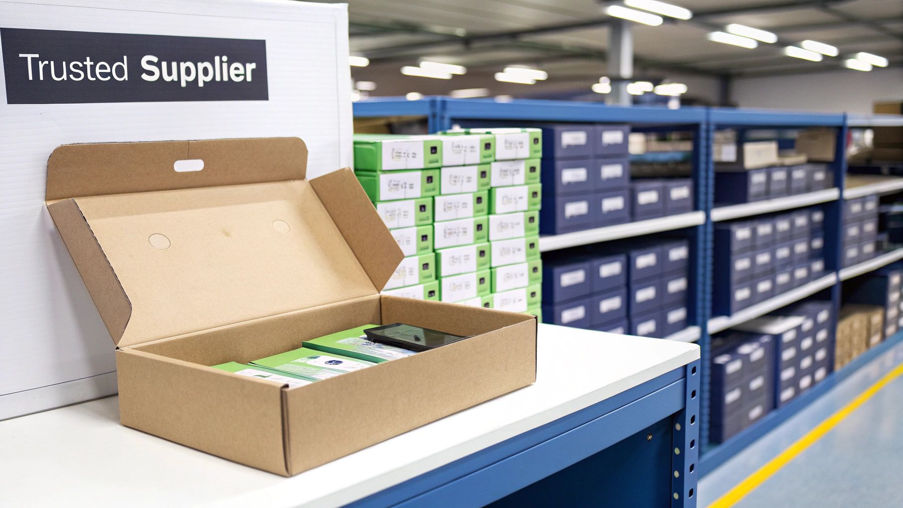 Open carton with green-packaged products and a smartphone on a white desk in a warehouse setting.