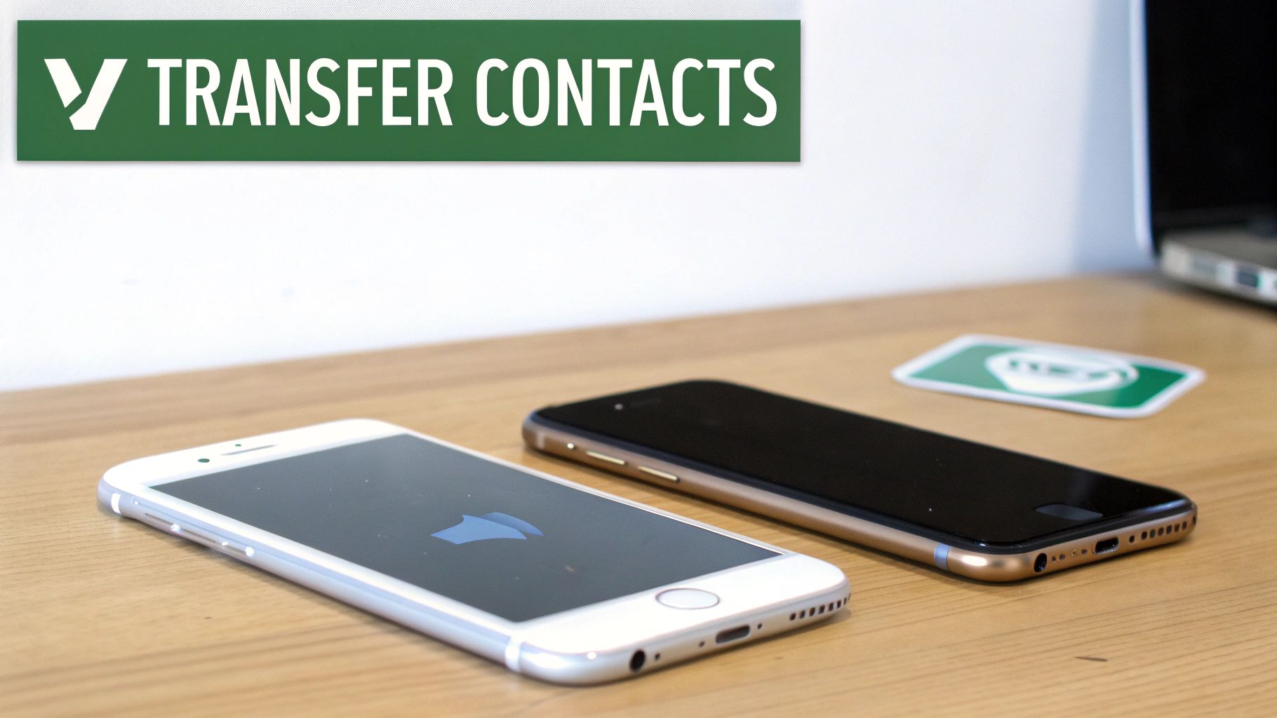 Two smartphones on a wooden desk with a 'TRANSFER CONTACTS' sign, illustrating data migration.