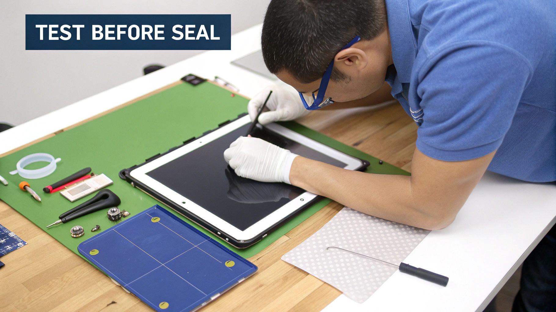 Technician in gloves and blue glasses carefully tests a tablet screen before sealing, with various tools.
