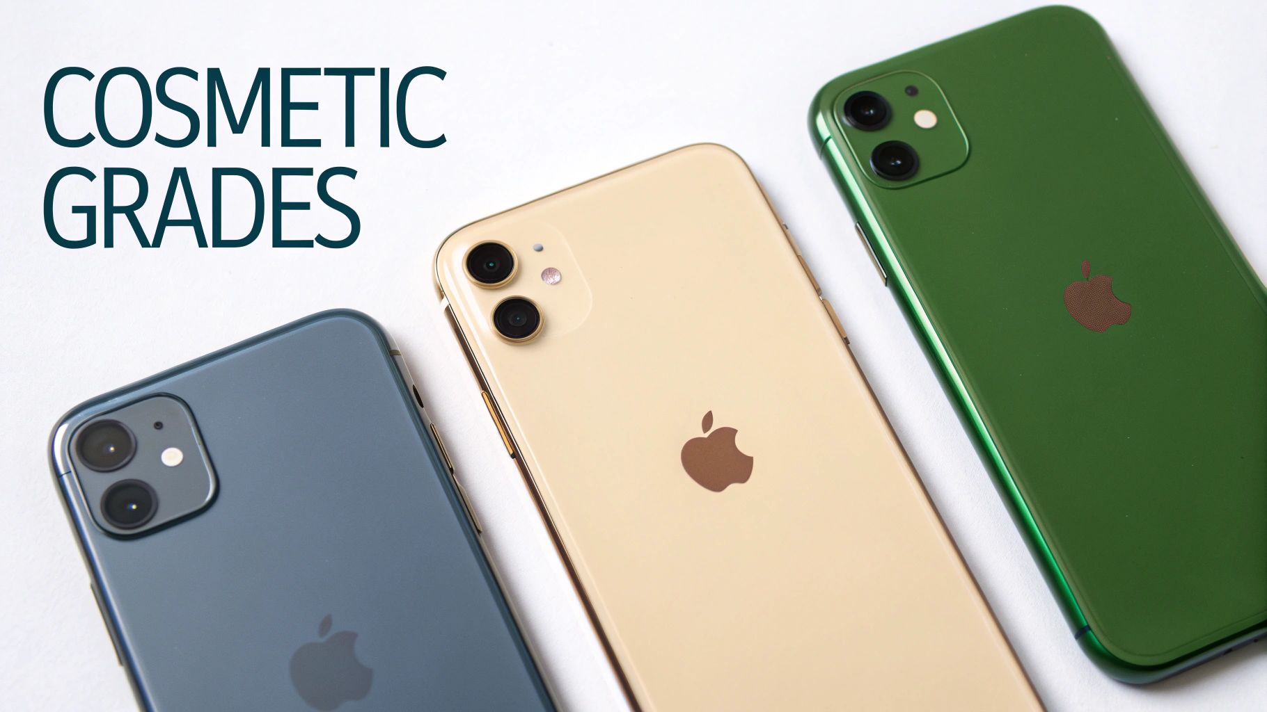 Three iPhones in blue, gold, and green displaying different cosmetic grades, with 'COSMETIC GRADES' text.
