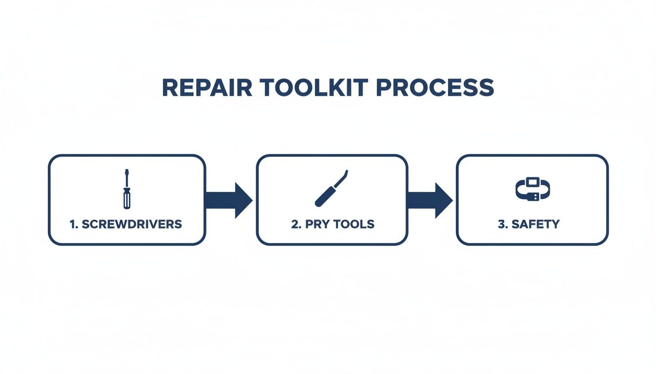 An infographic illustrating a repair toolkit process with steps for screwdrivers, pry tools, and safety equipment.