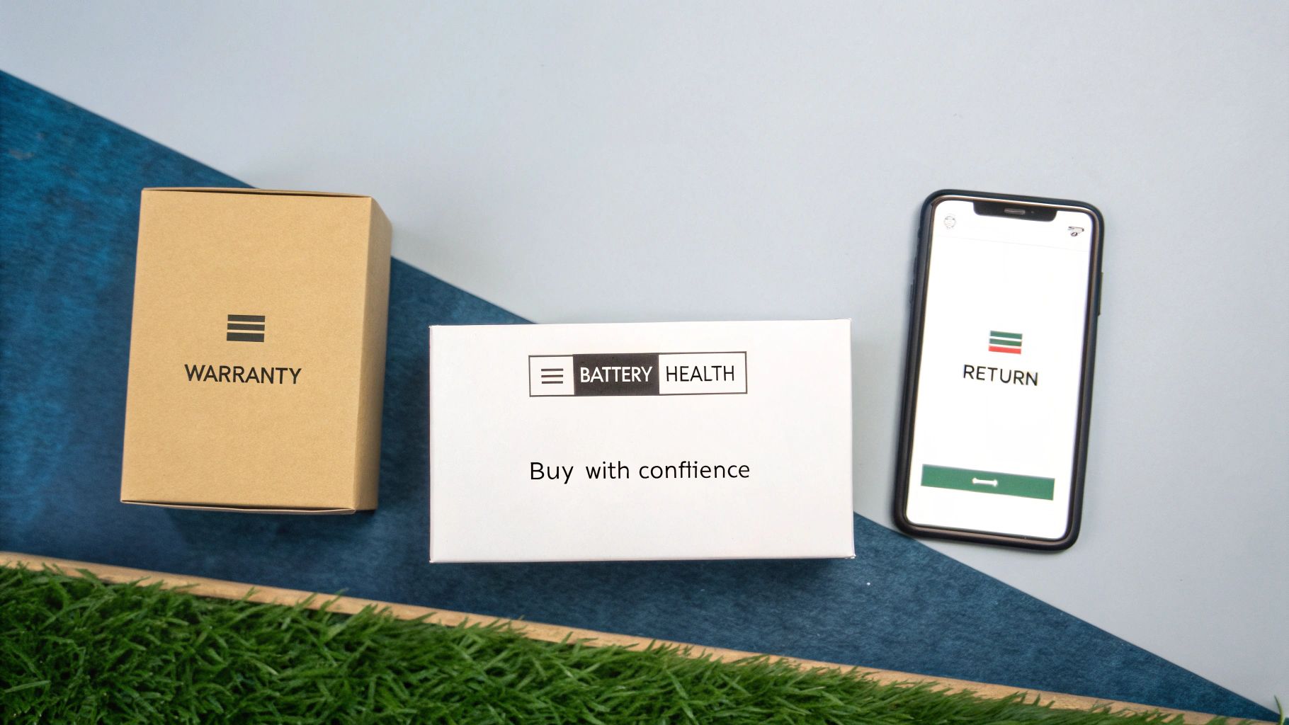 A close-up shot of a hand holding a refurbished iPhone, with a warranty certificate and a battery health icon visible in the background.