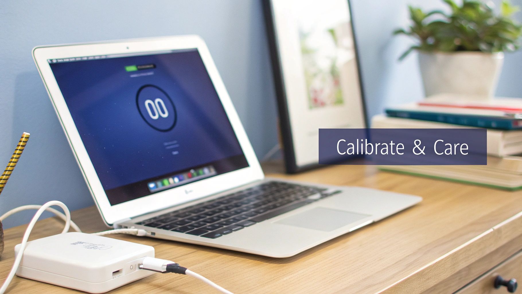 A MacBook Air laptop connected to a white device on a wooden desk, with 'Calibrate & Care' text.