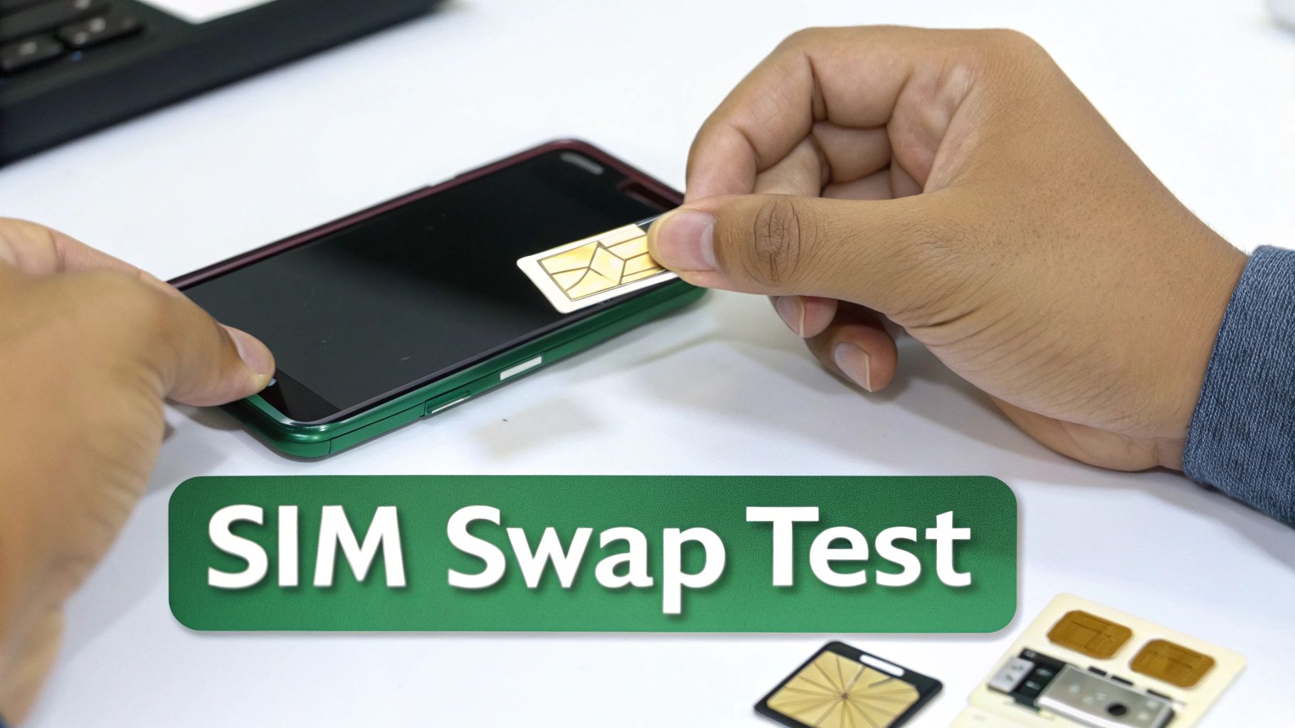 A person is inserting a SIM card into a green smartphone, with 'SIM Swap Test' text visible.
