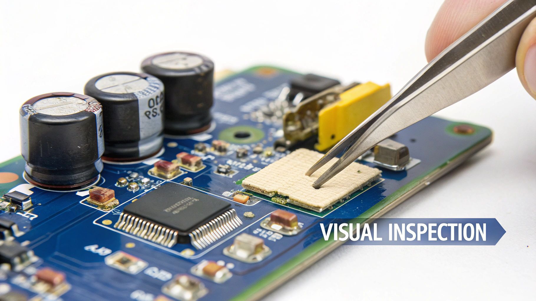 A hand with tweezers performs a visual inspection on a component of a blue circuit board.