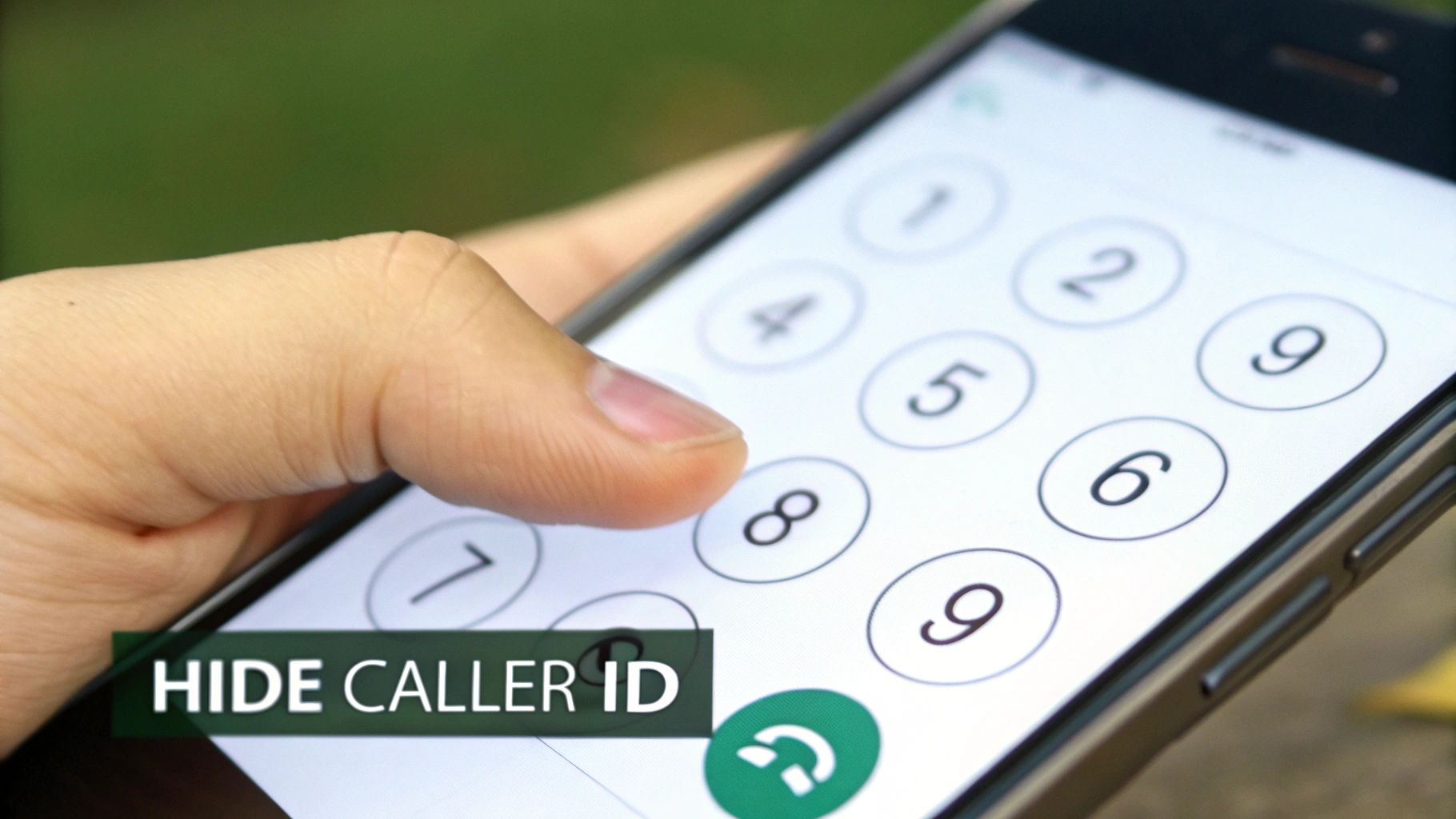 A hand dials a phone number on a smartphone, with a 'HIDE CALLER ID' text overlay.