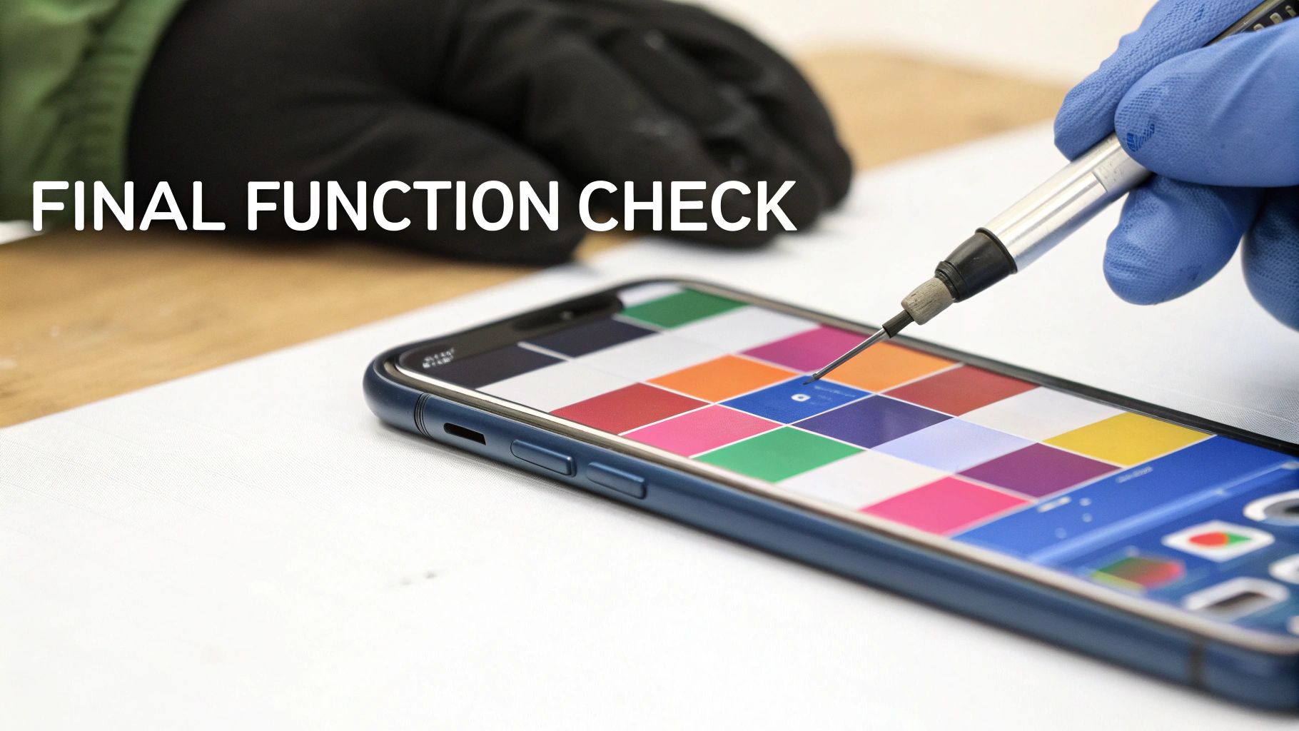 A hand in a blue glove uses a stylus to perform a final function check on a smartphone's colorful screen.