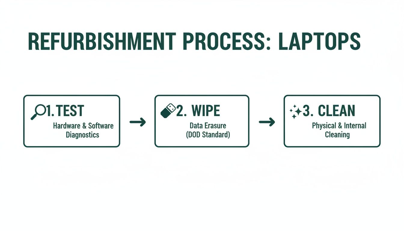 Flowchart detailing the 3-step laptop refurbishment process: testing, data wiping, and cleaning.