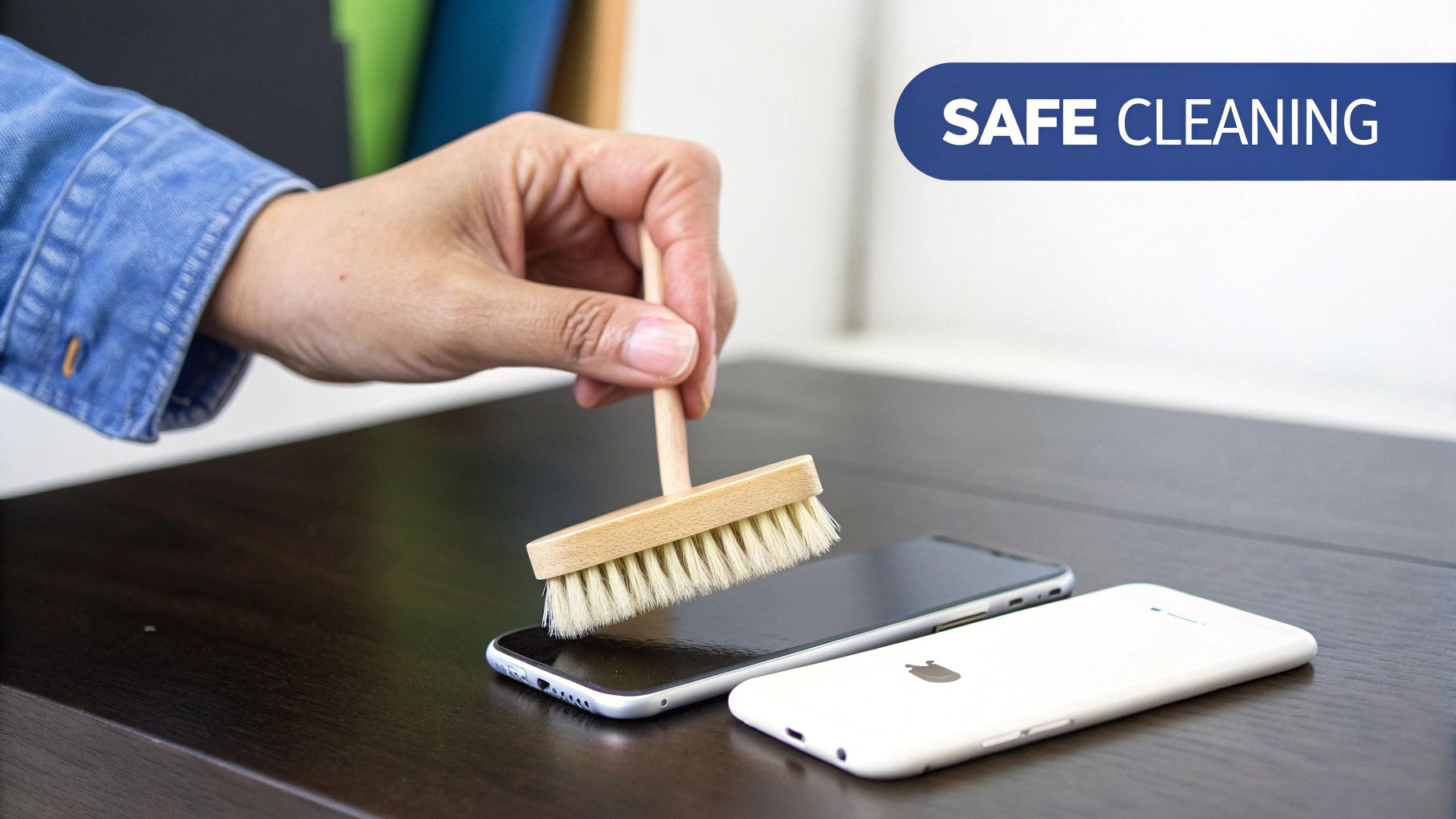A person carefully cleaning an iPhone's charging port with a small tool.