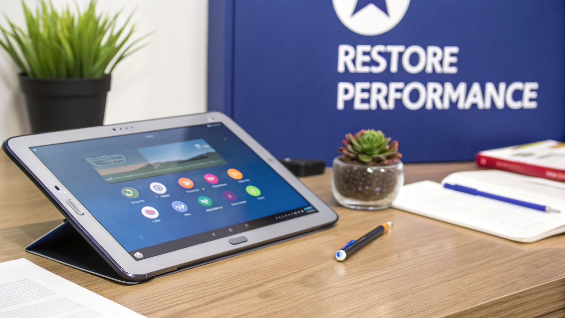 A Samsung tablet on a wooden desk showing app icons, with a stylus, plants, and a 'Restore Performance' sign.