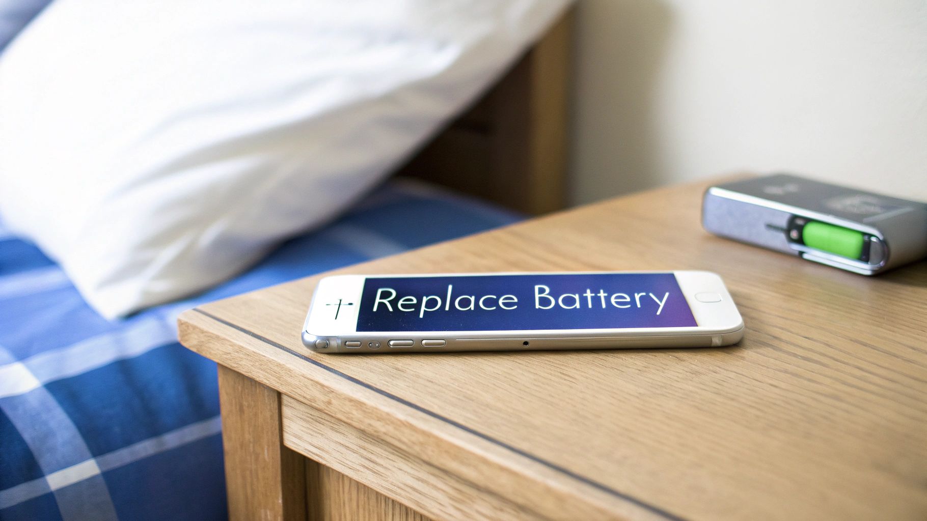 An iPhone on a desk with the battery health screen visible, showing a low maximum capacity percentage.