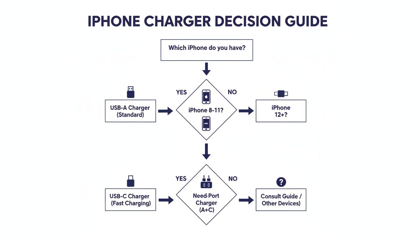 iPhone charger decision guide flowchart for choosing between USB-A, USB-C, or multi-port chargers.