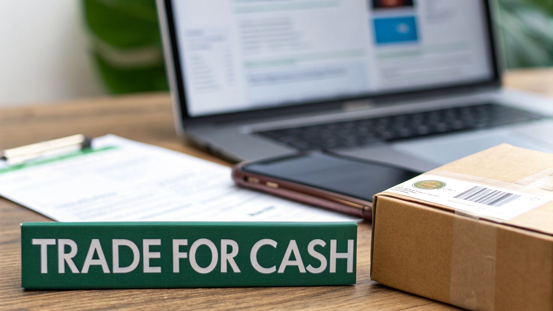 Desk with 'TRADE FOR CASH' sign, laptop, smartphone, clipboard, and small delivery box.