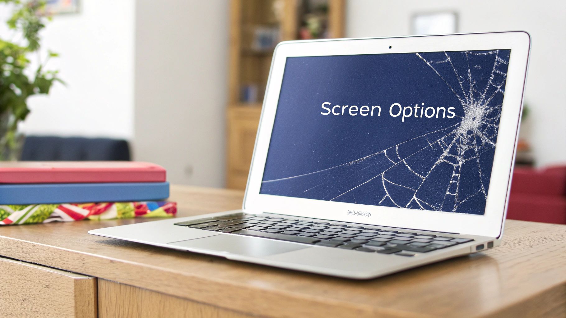A silver MacBook Air laptop with a severely cracked screen displaying 'Screen Options' on a wooden desk.