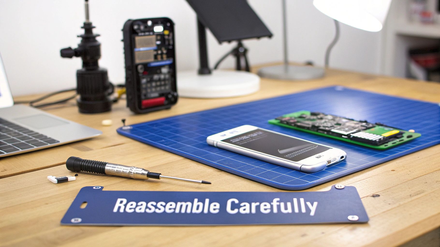 A technician installing a new battery into an iPhone, with tools and components neatly arranged on the workspace.