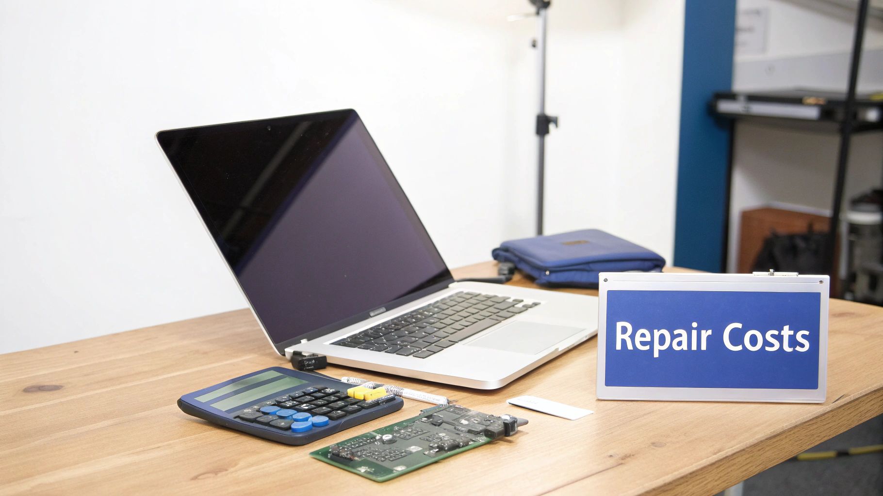 A MacBook Pro laptop, calculator, and circuit board on a wooden desk with a 'Repair Costs' sign.
