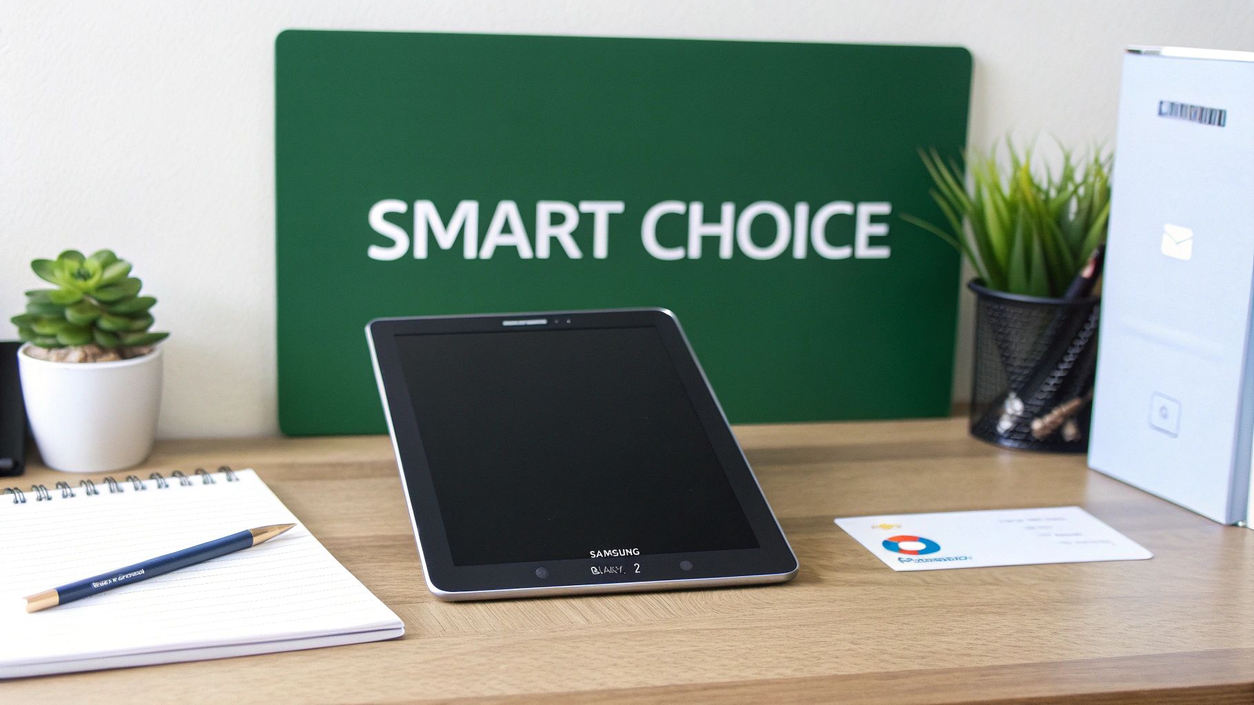 A Samsung tablet on a wooden desk with a notebook, pen, plant, and 'Smart Choice' sign.