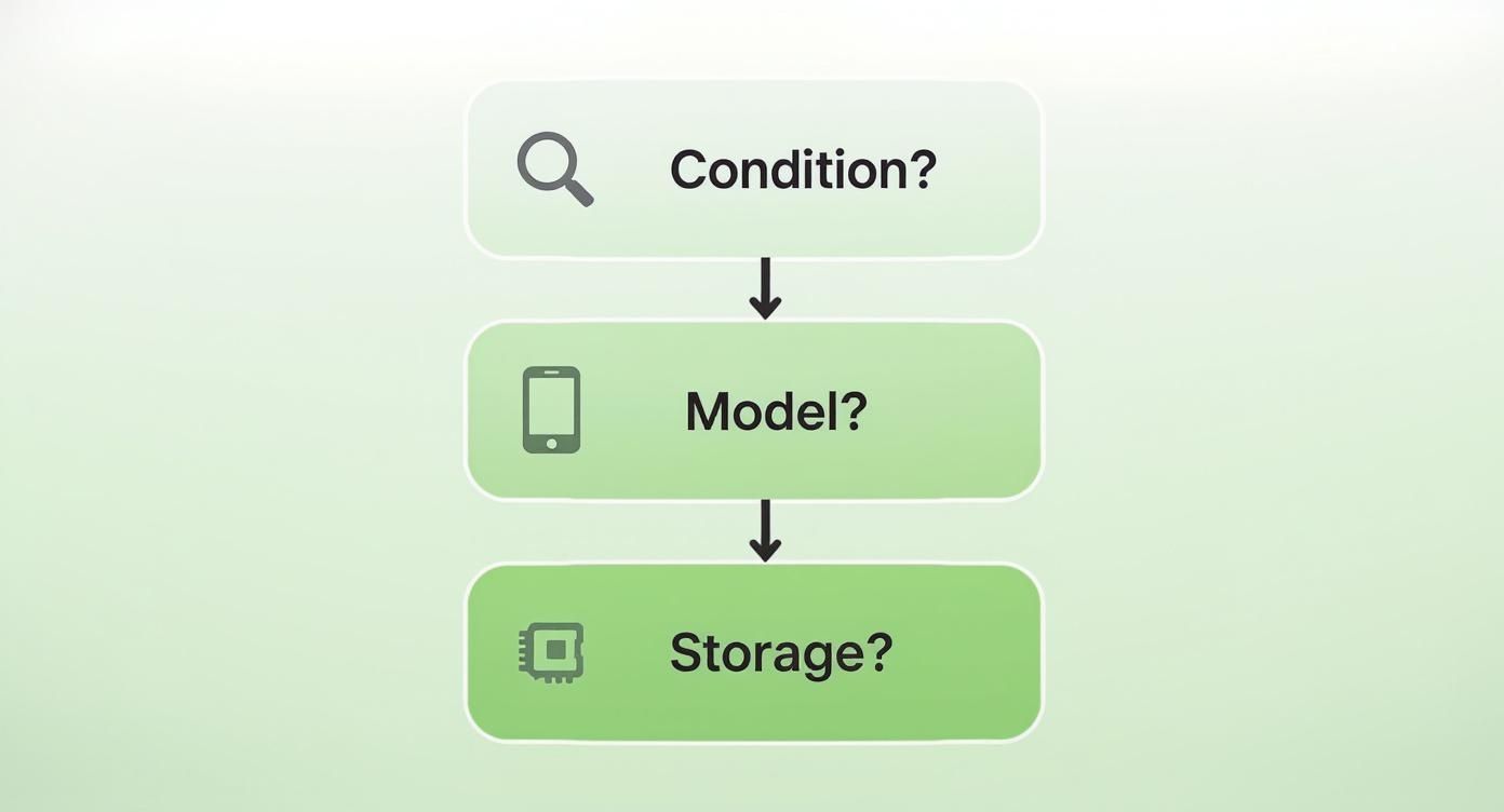 Flowchart showing three steps: Condition?, Model?, and Storage?, for assessing a phone for sale.