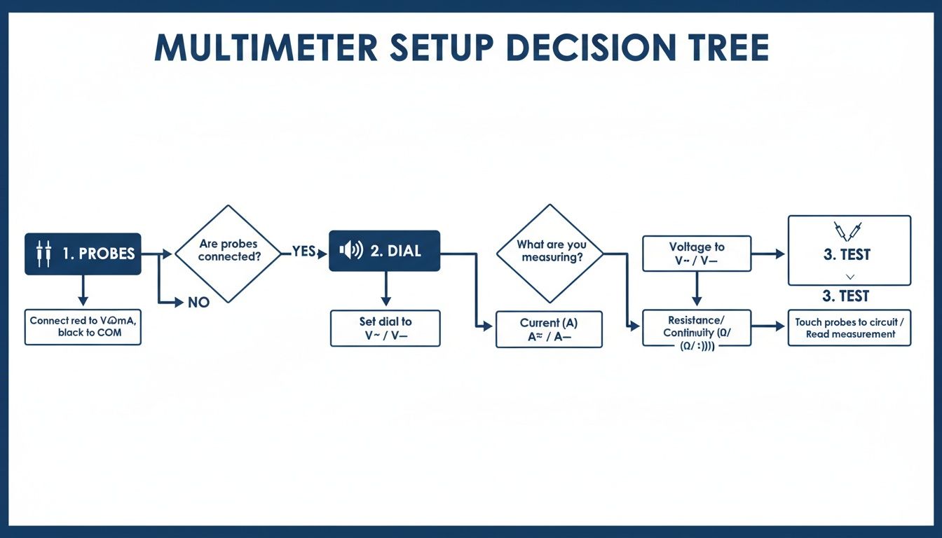 A multimeter setup decision tree flowchart guiding users on connecting probes and setting the dial for measurements.