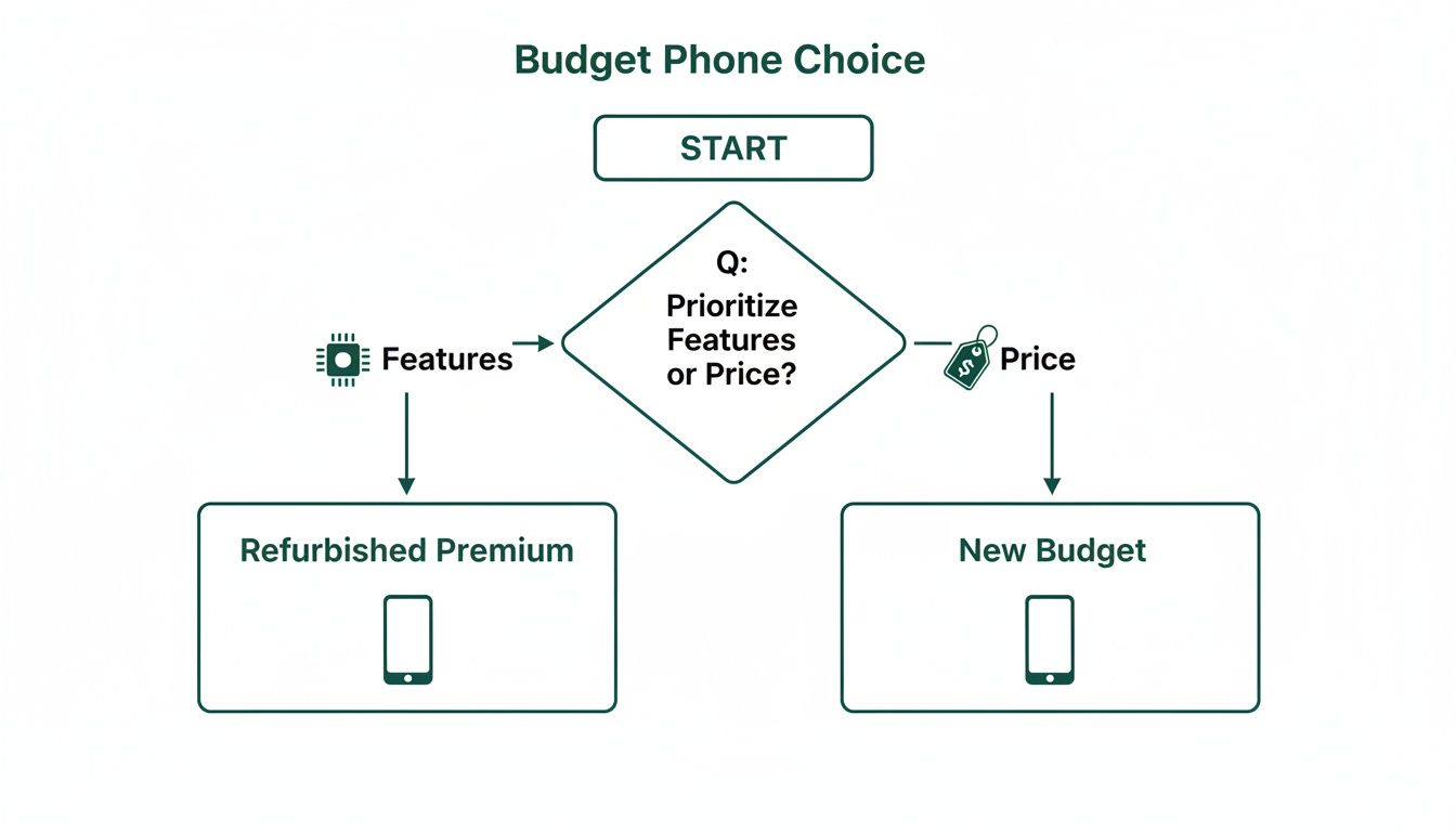 Flowchart guiding budget phone choice: prioritize features for refurbished premium, or price for new budget phone.