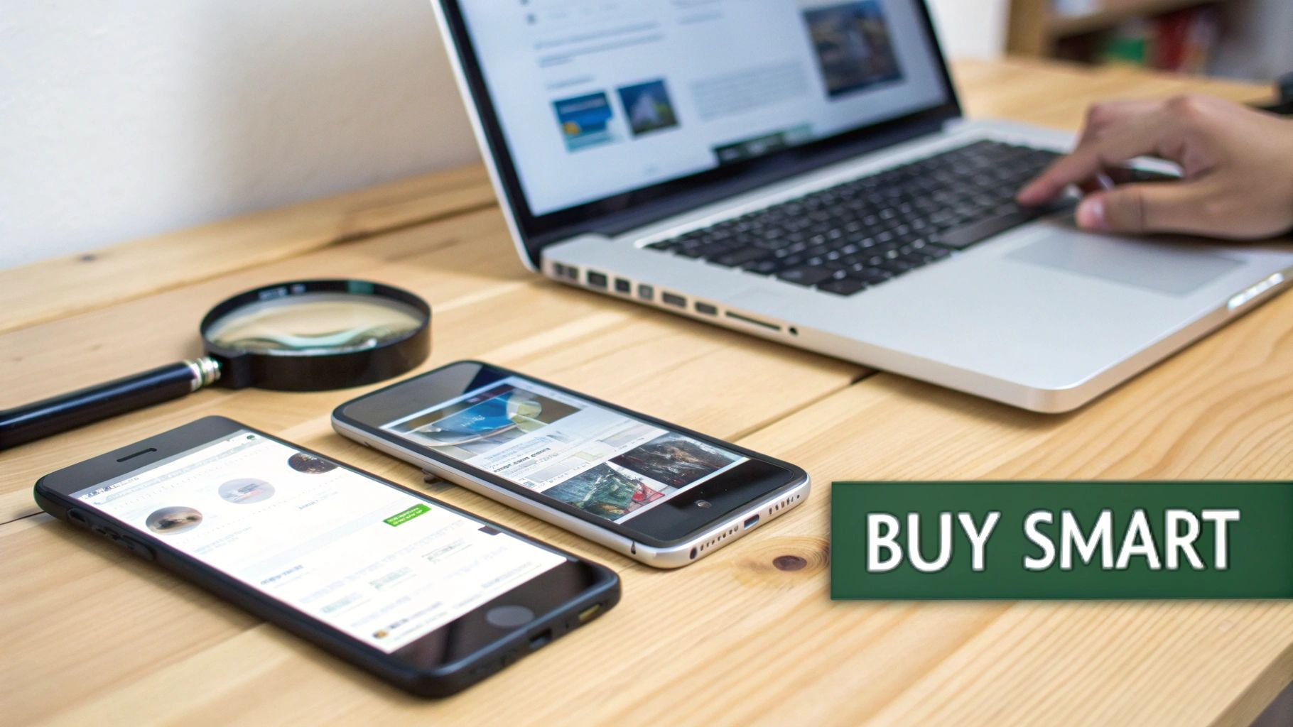 A person uses a laptop, while two smartphones and a magnifying glass rest on a wooden desk with a 'BUY SMART' sign.