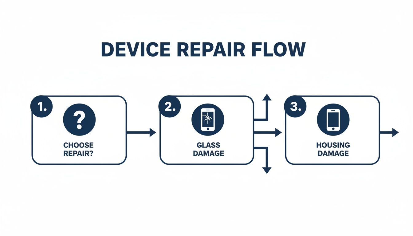 Flowchart showing a device repair process: choosing a repair, glass damage, and housing damage.