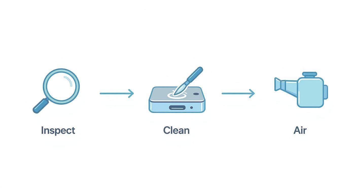 A three-step process showing inspection, cleaning with a scalpel, and air drying a device.