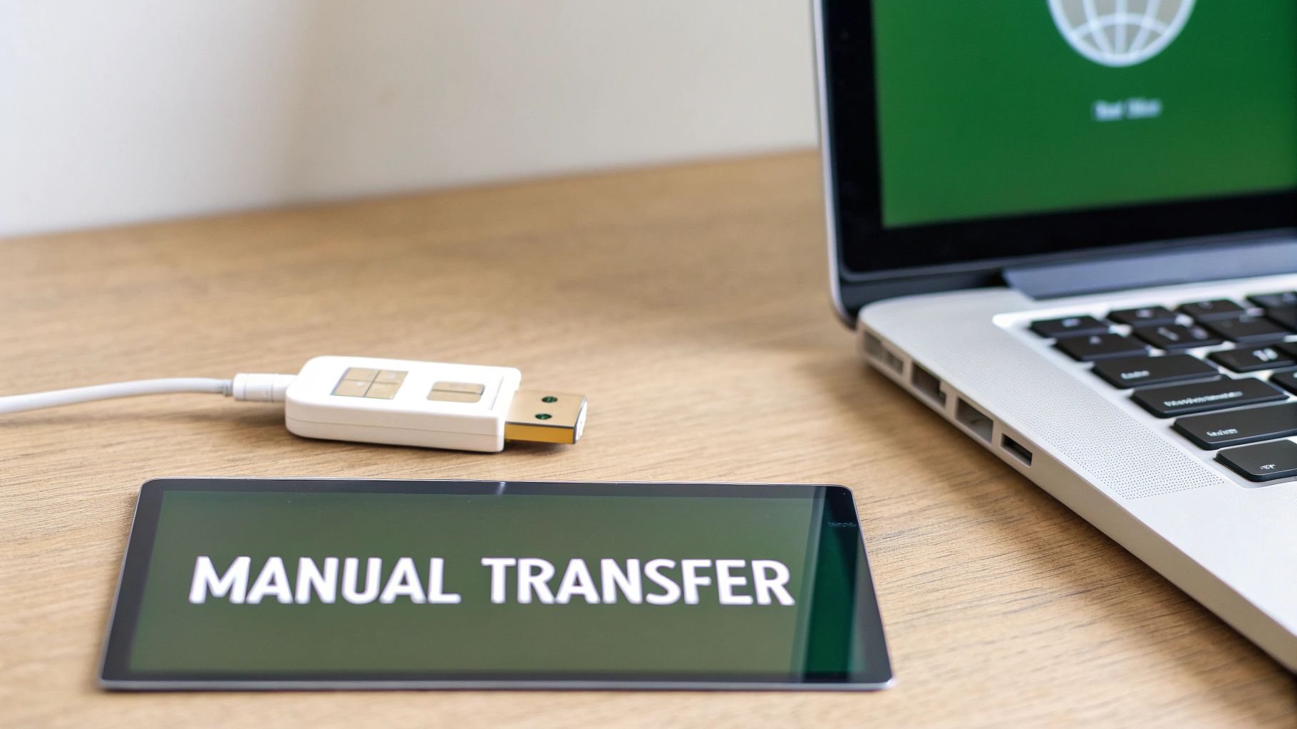 A tablet screen displays 'MANUAL TRANSFER' text next to a USB stick and a laptop on a wooden desk.