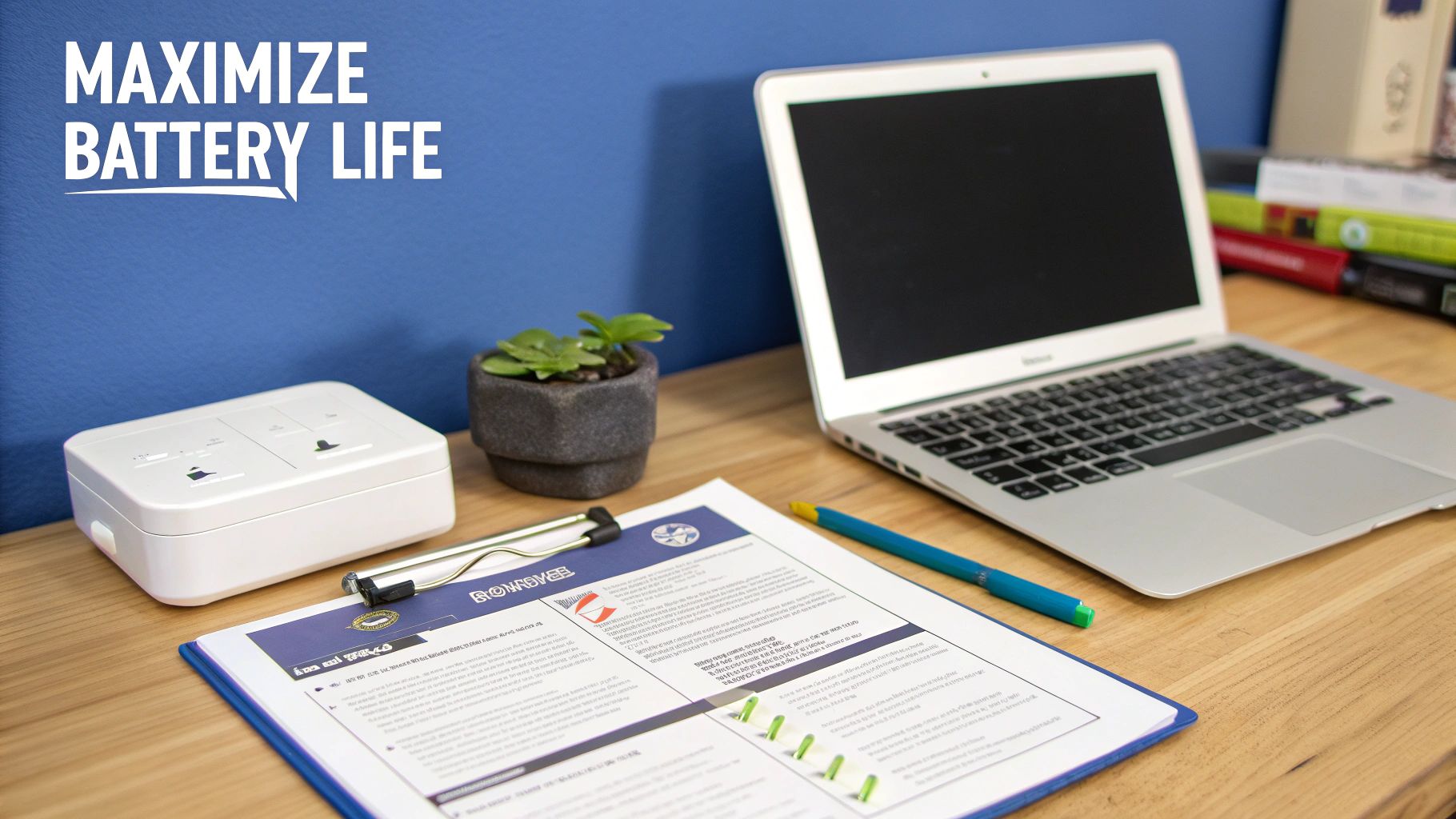 Laptop computer on wooden desk with documents about maximizing battery life and performance tips