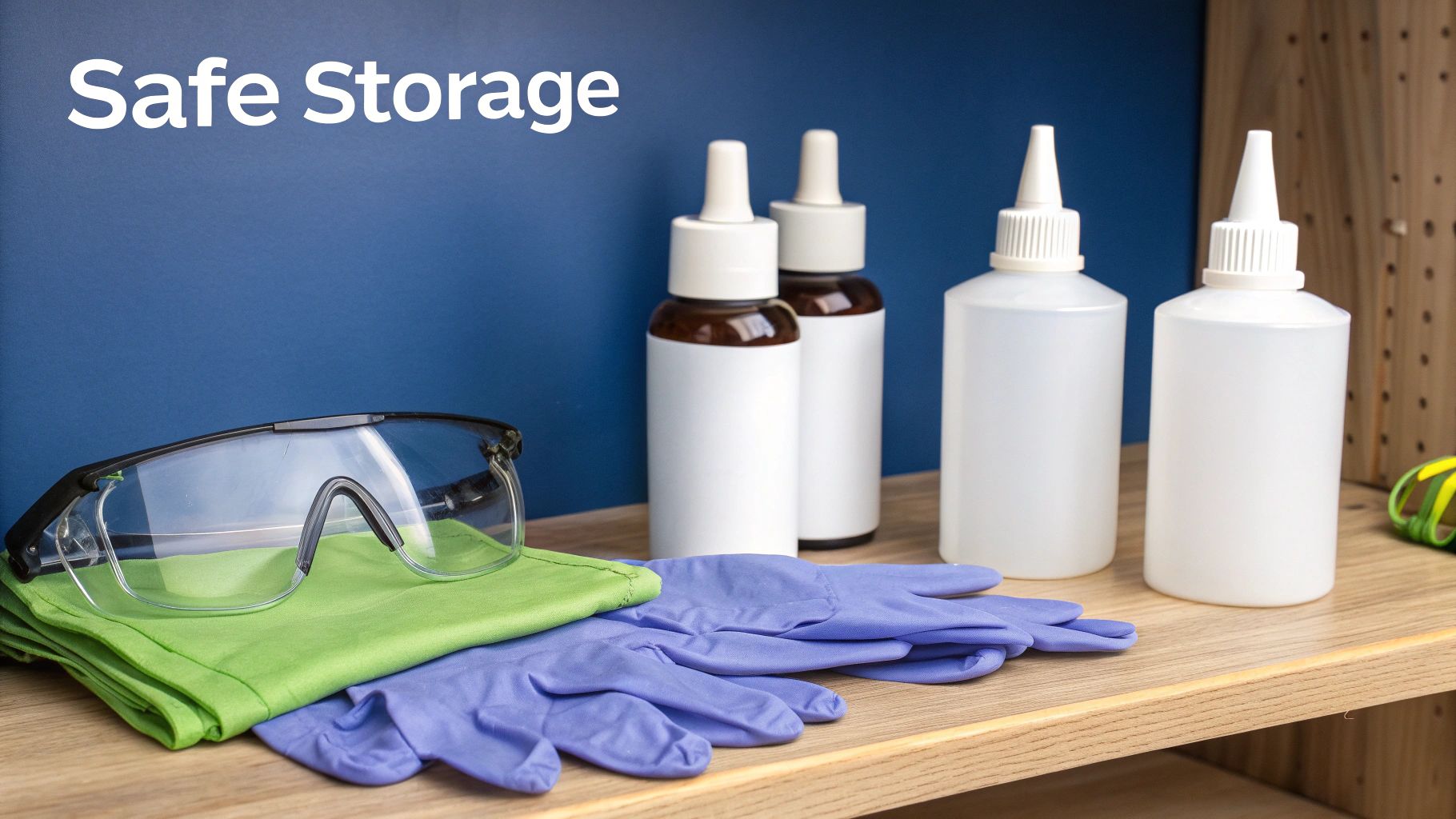 Safety goggles, blue gloves, and various bottles on a wooden shelf, emphasizing safe storage.