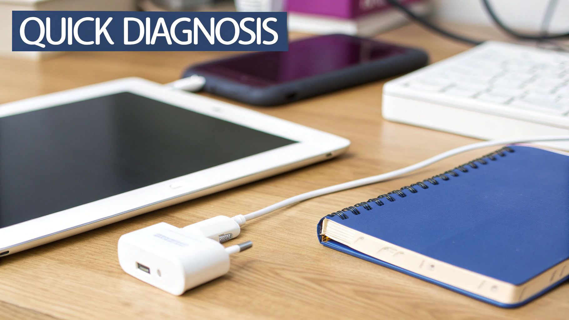 A white iPad and a smartphone on a wooden desk, both connected to chargers for a quick diagnosis.