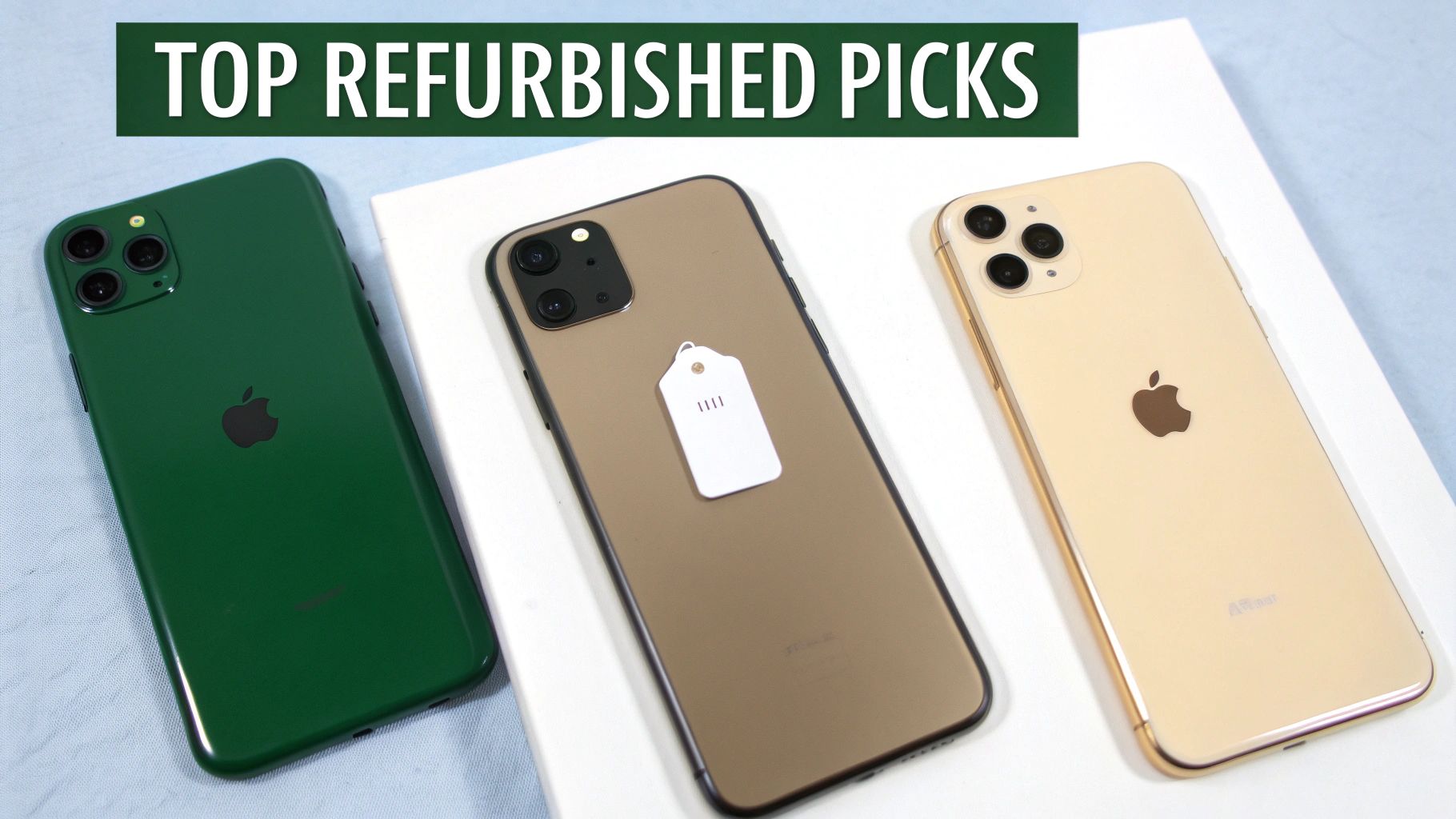 Three refurbished iPhones in green, bronze, and gold colors, with a 'TOP REFURBISHED PICKS' banner.