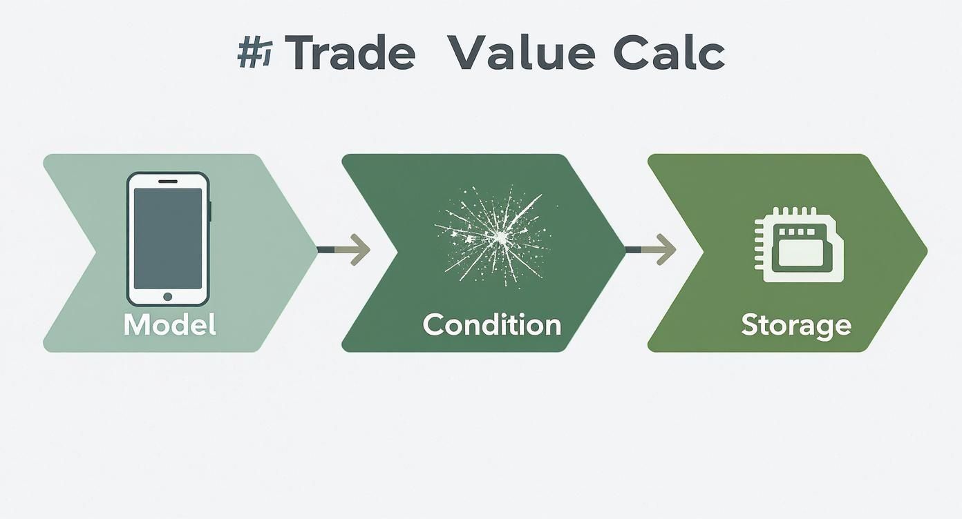 An infographic showing the process of calculating a phone trade-in value, starting with the model, then condition, and finally storage, leading to a final price.