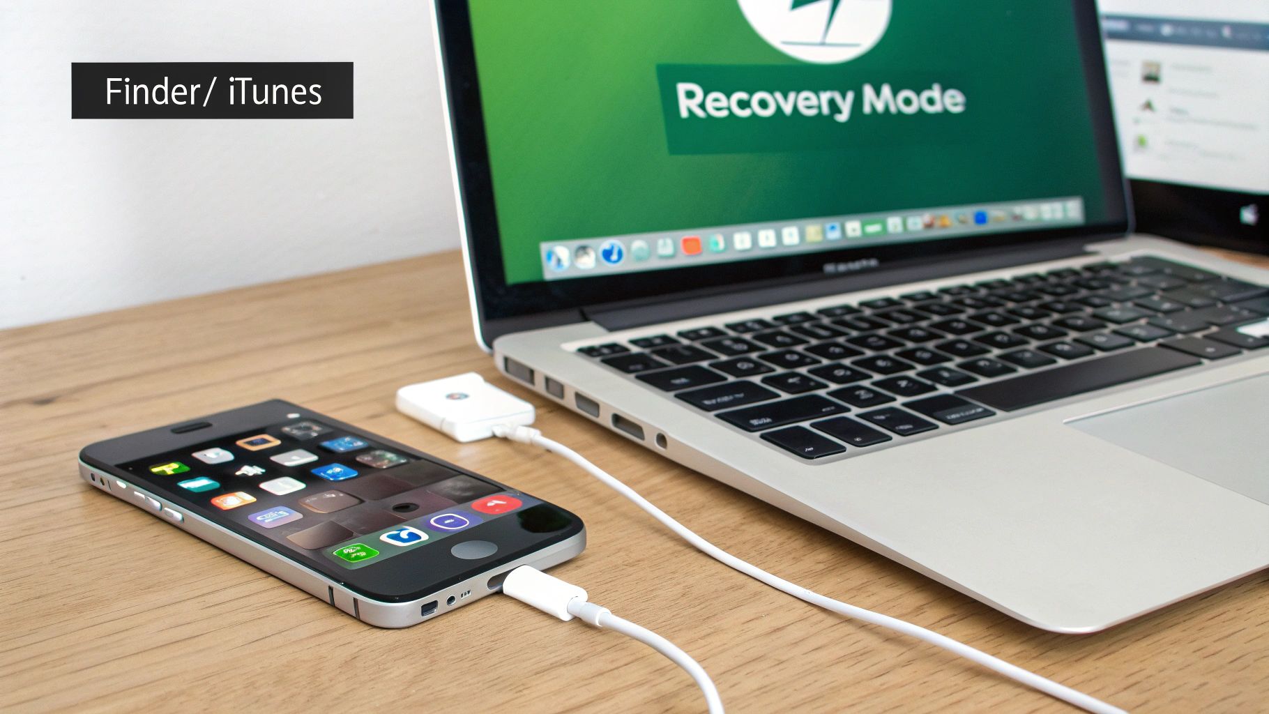 An iPhone connected to a MacBook displaying 'Recovery Mode' on screen, with a 'Finder/iTunes' label.