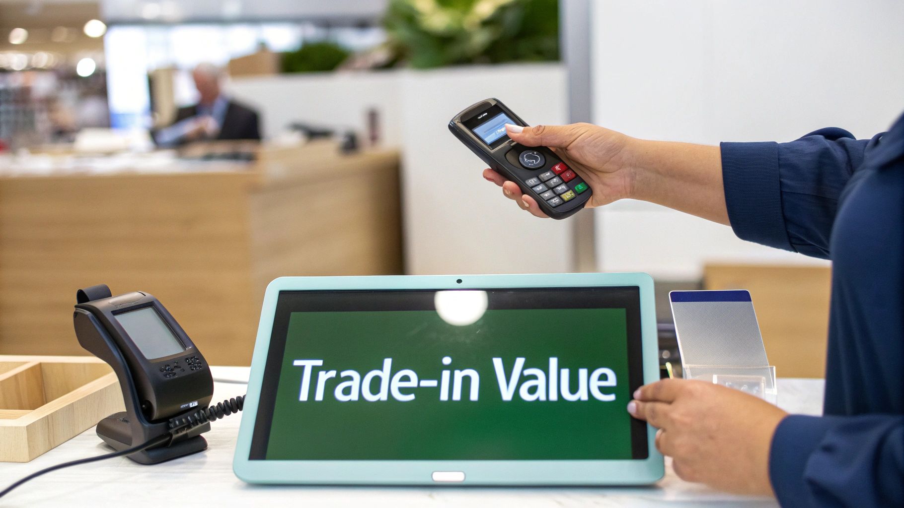 A person uses a handheld device to assess a trade-in value on a tablet in a store.