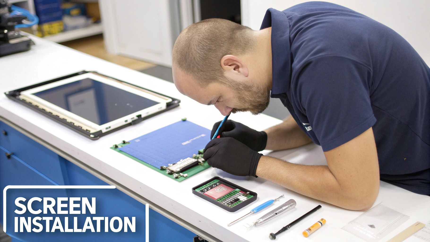 A technician in black gloves meticulously works on electronic components for screen installation with various tools.