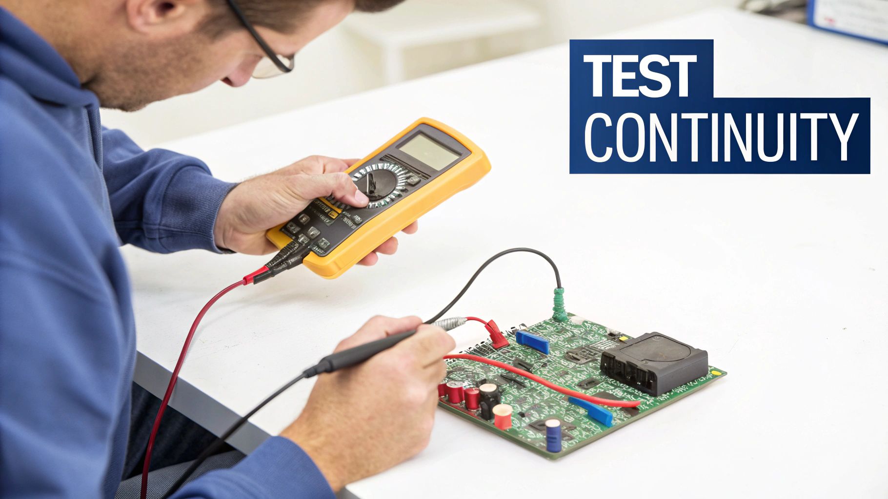 A multimeter being held over a circuit board, ready for testing.