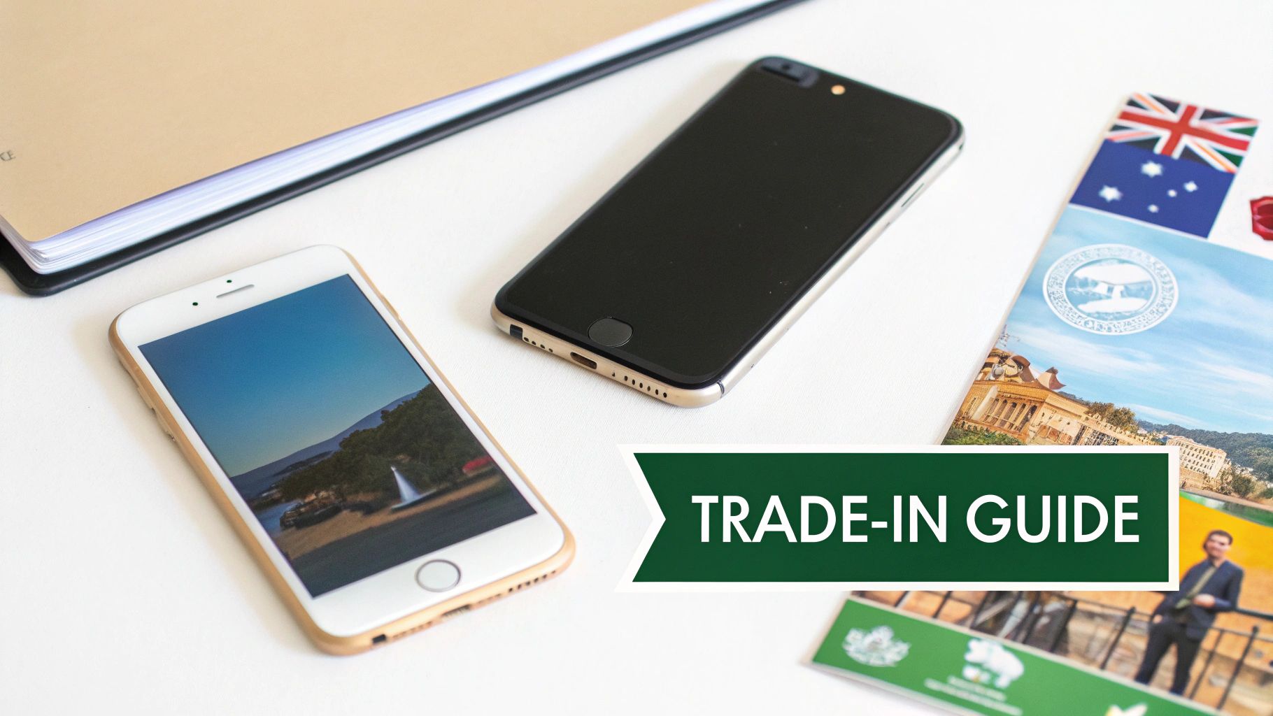 A person holding a Samsung smartphone, considering their trade-in options.