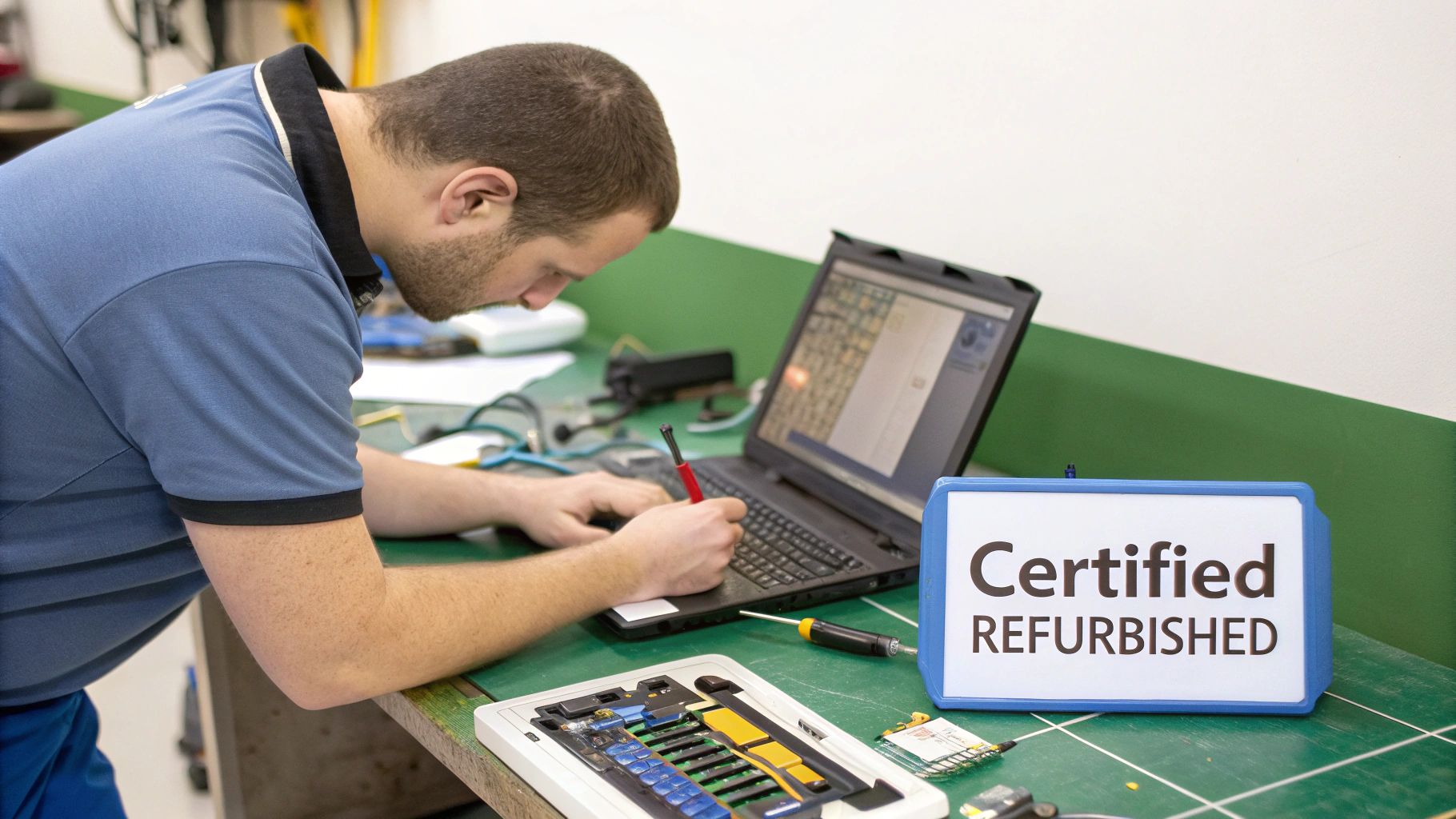 A technician carefully inspecting the internal components of a laptop.