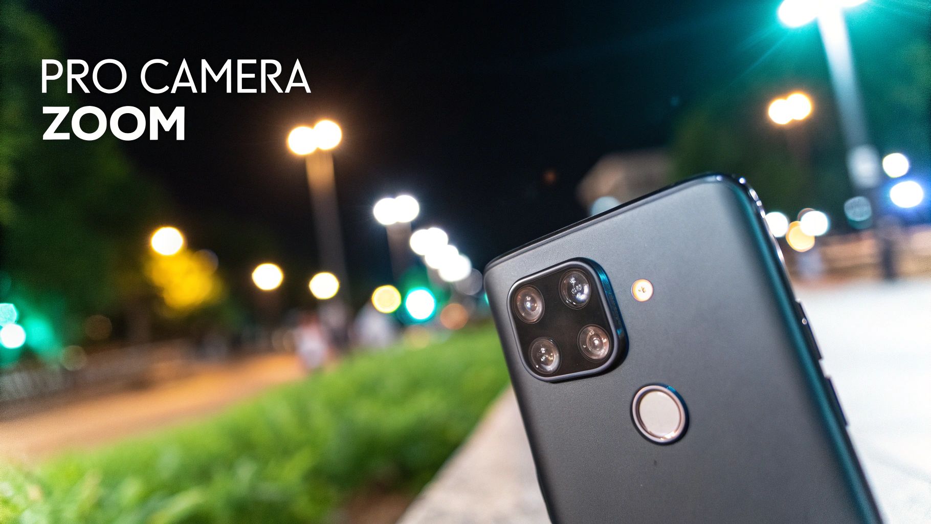 A black smartphone with a quad-camera system and fingerprint sensor at night with blurred city lights and 'PRO CAMERA ZOOM' text.
