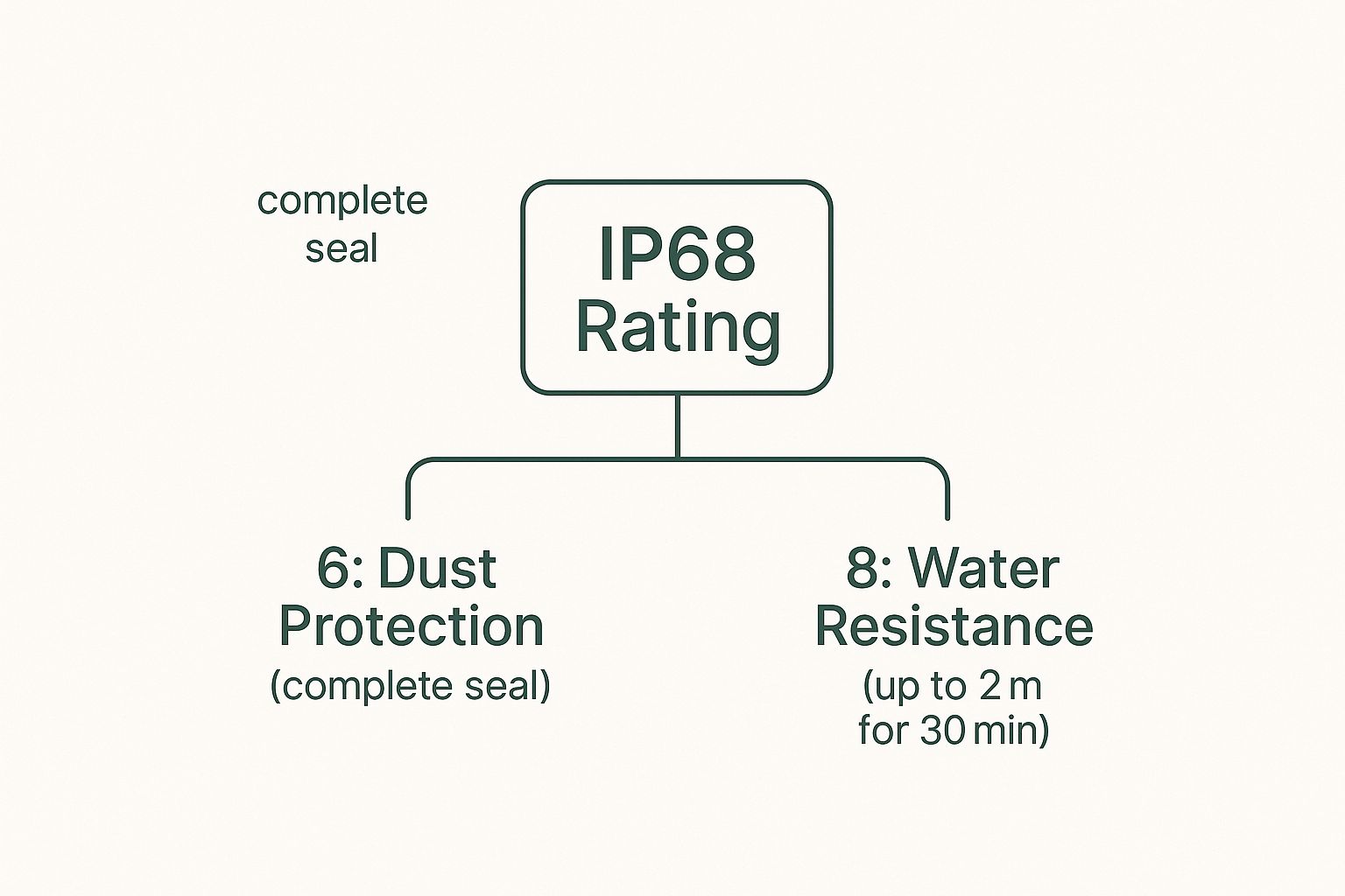 Infographic breaking down the components of the IP68 rating, showing '6' for complete dust protection and '8' for water resistance up to 2 metres for 30 minutes.