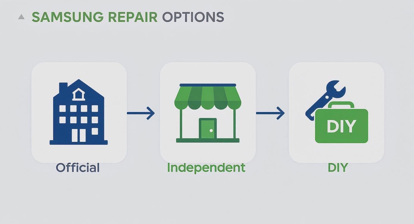 Infographic showing the three main Samsung Galaxy screen repair options: Official, Independent, and DIY, with key process steps for each.