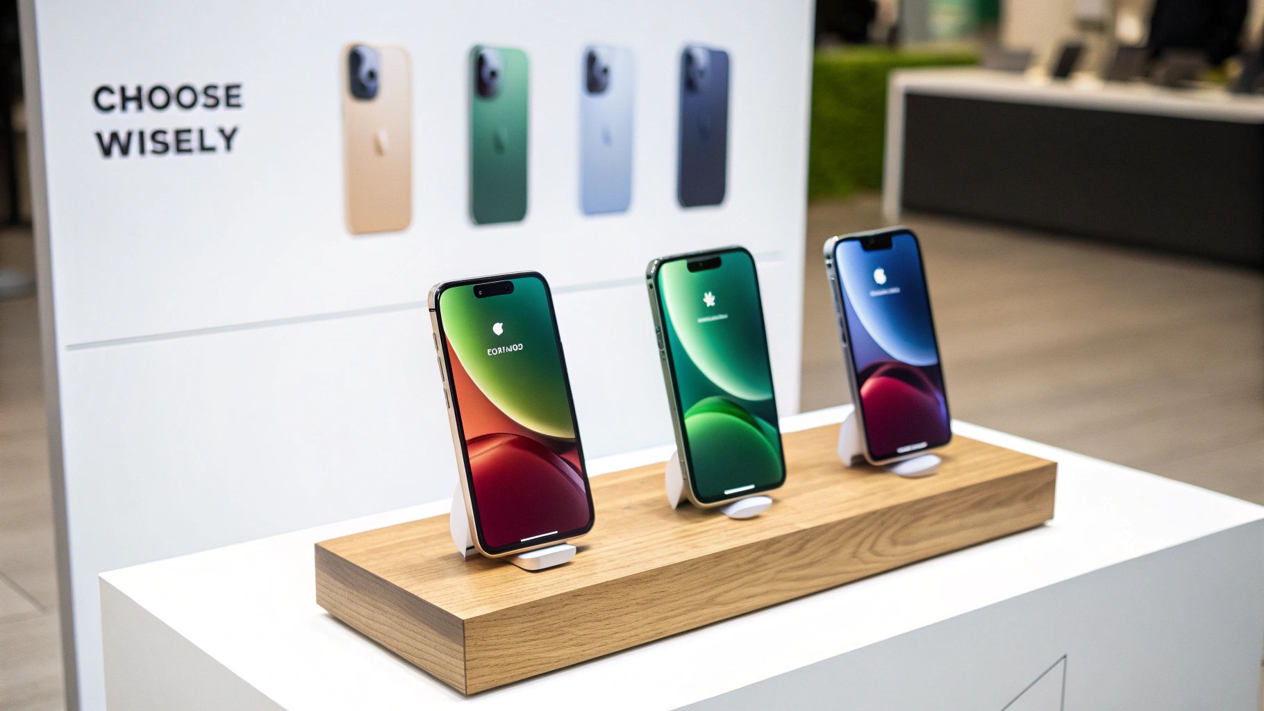 Three iPhone 14 smartphones displayed on wooden stand showing colorful screens and available color options