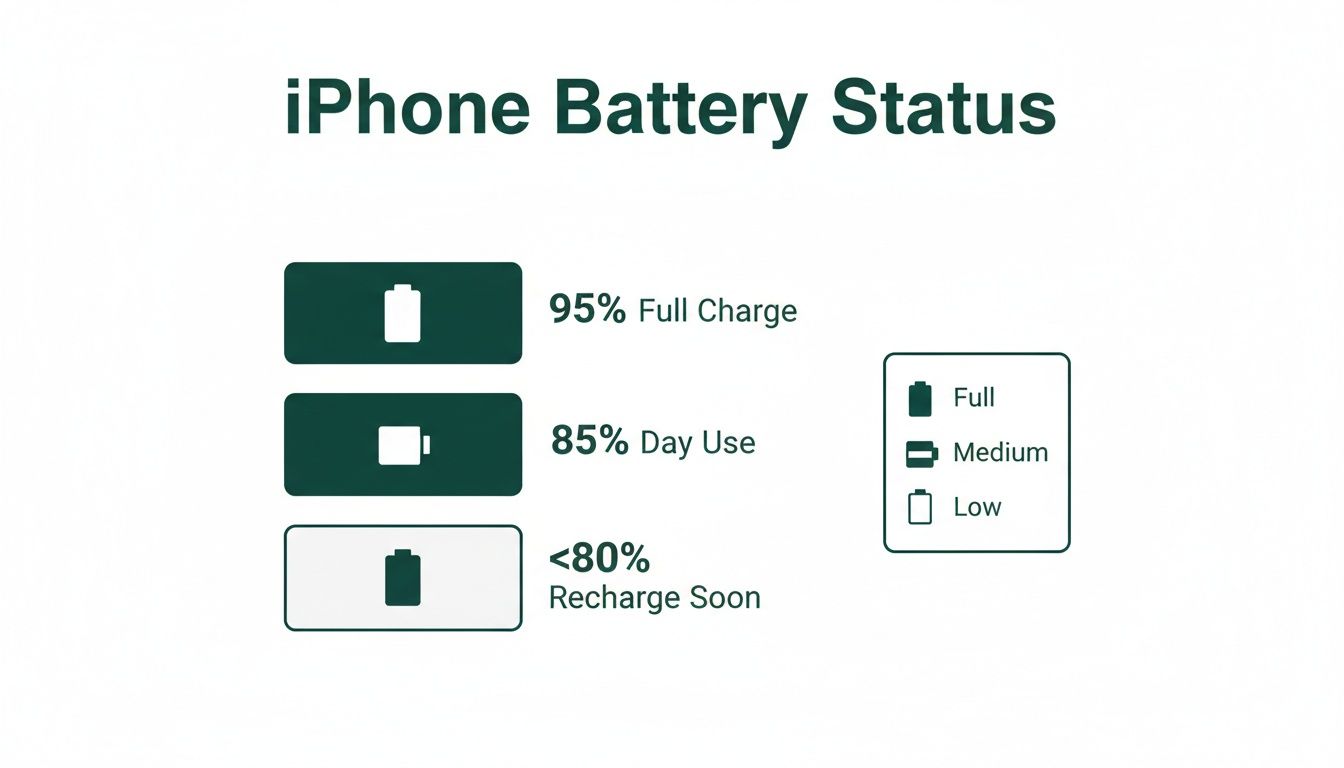 Visual guide showing iPhone battery status levels: 95% full, 85% day use, and below 80% recharge soon.