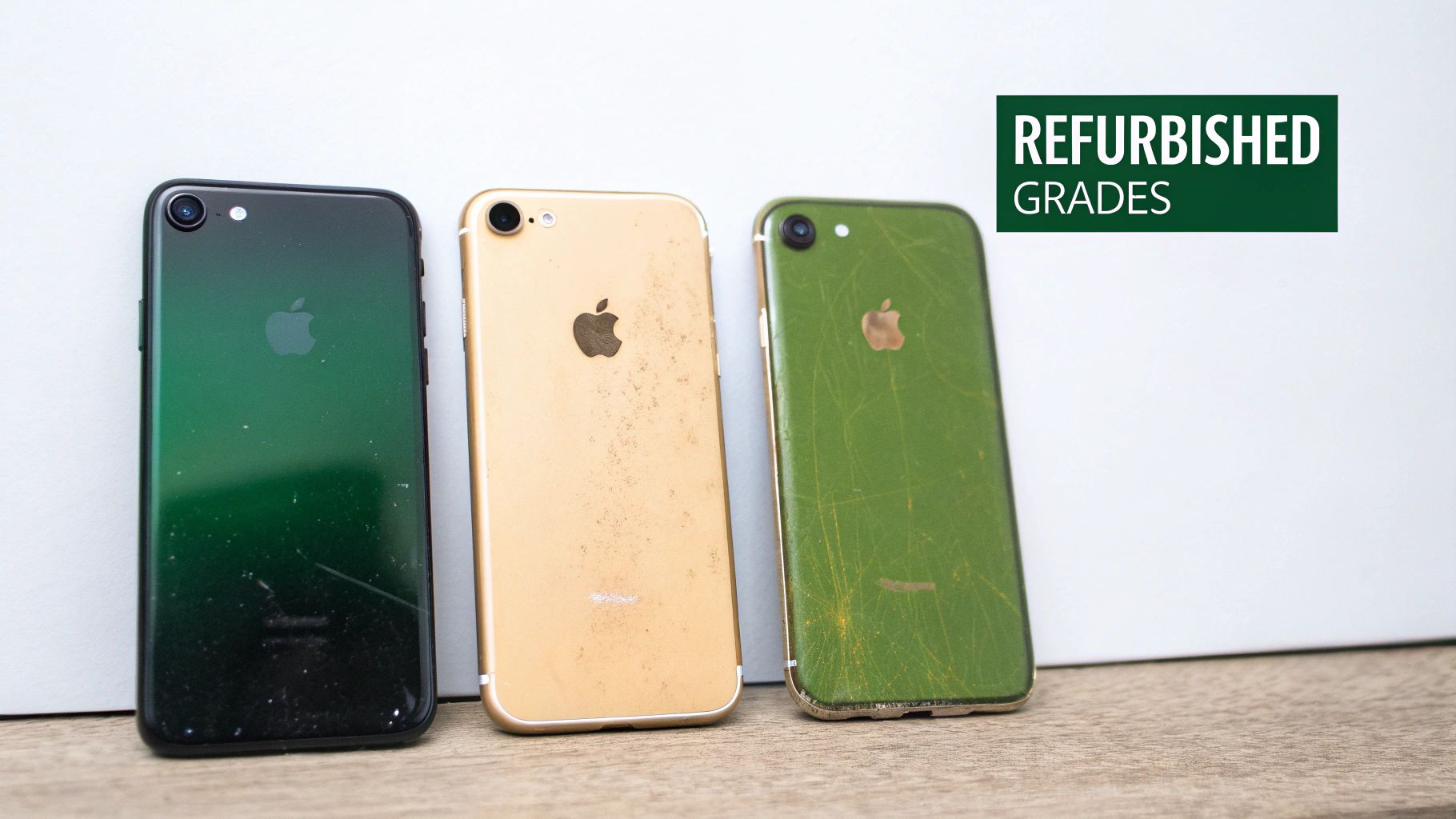 Backs of three worn refurbished iPhones in green and gold, demonstrating quality grades.