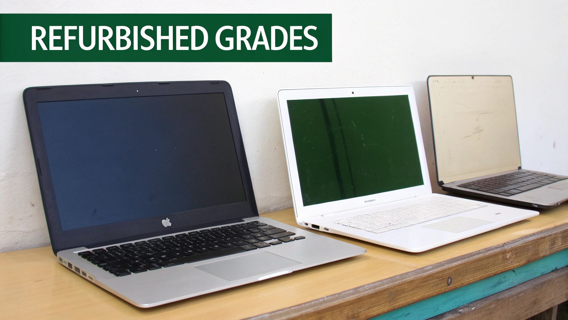 Three refurbished laptops of varying conditions displayed on a wooden desk, highlighting different grades.