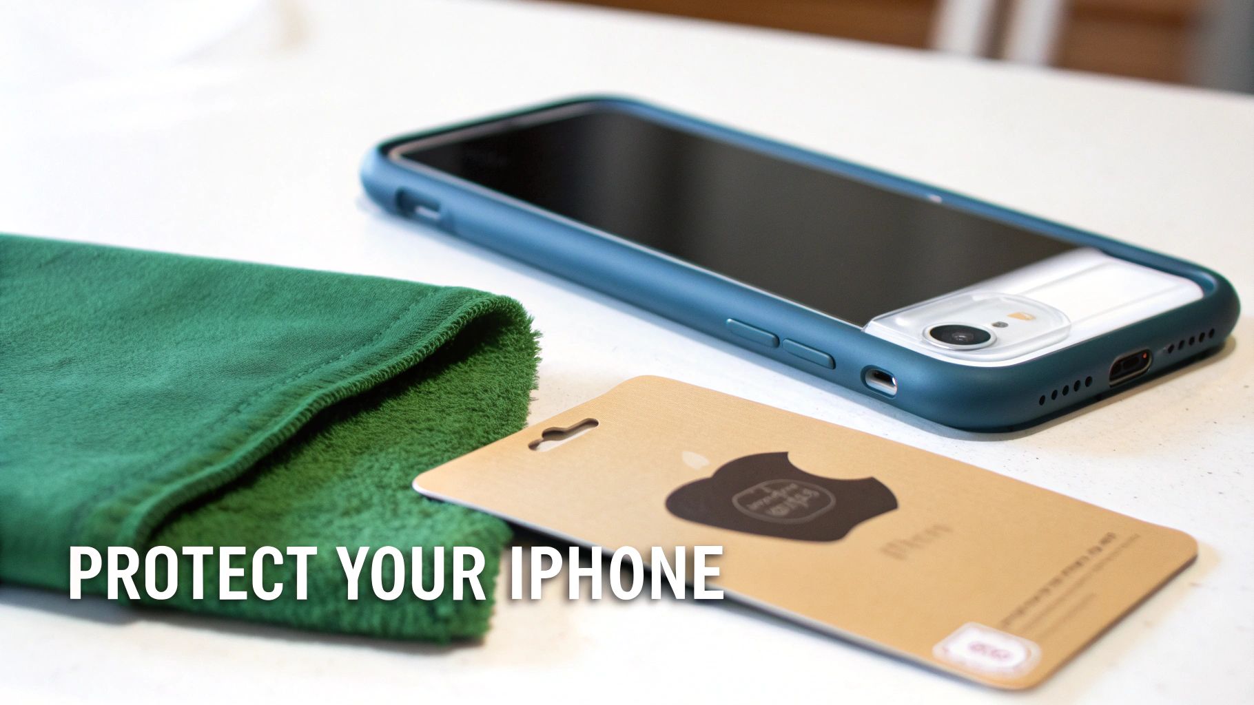 Close-up of an iPhone in a teal case, green microfiber cloth, and packaging, suggesting phone protection.
