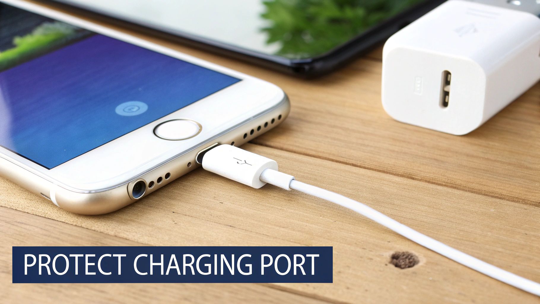 A white iPhone is being charged by a white cable, with a wall charger nearby on a wooden surface.