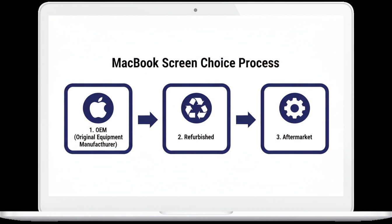 Diagram illustrating the MacBook screen choice process with three options: OEM, Refurbished, and Aftermarket.